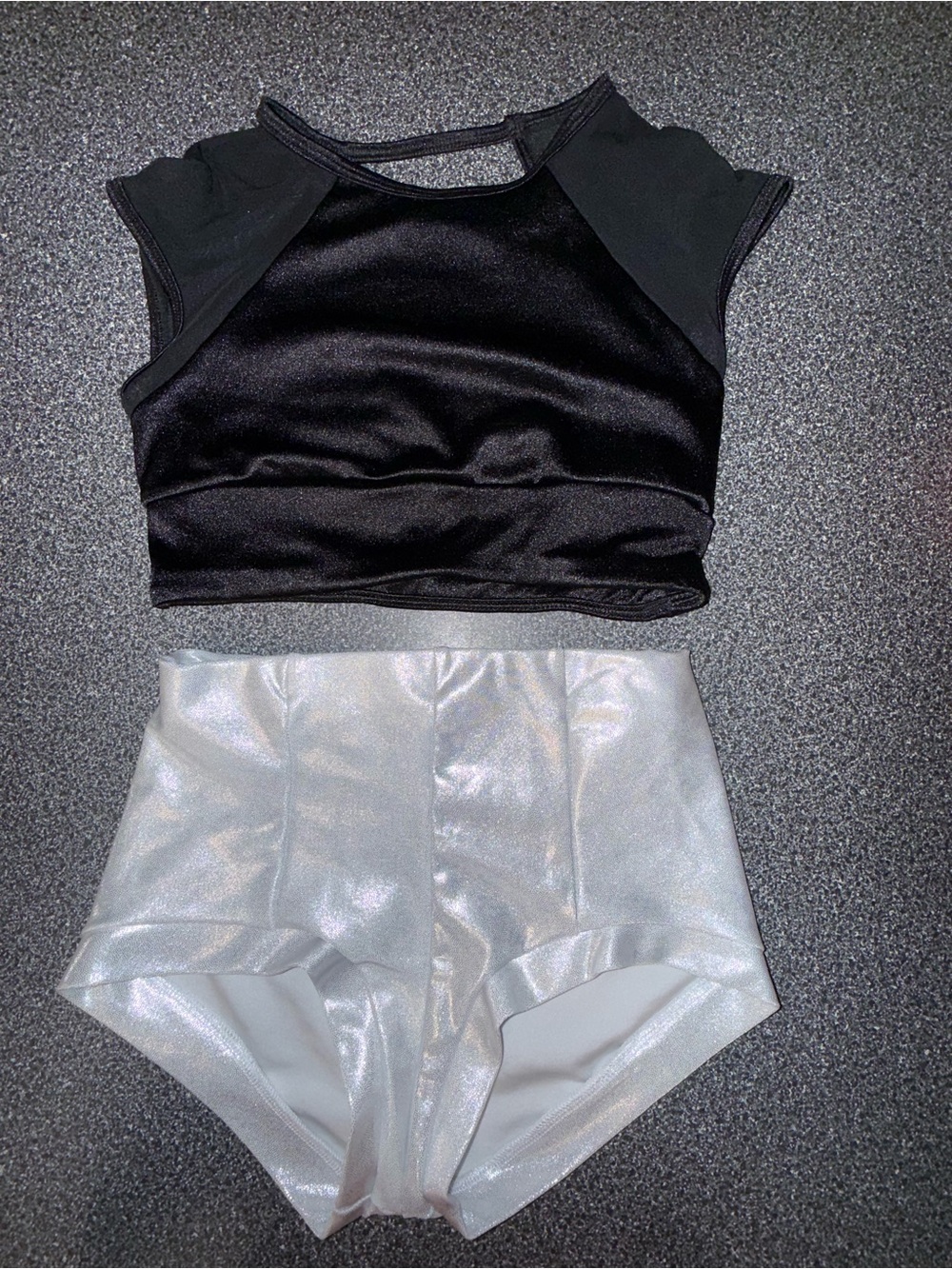 Double Platinum Dancewear Black Top Size 12/14, Silver Shorts Size Medium Child